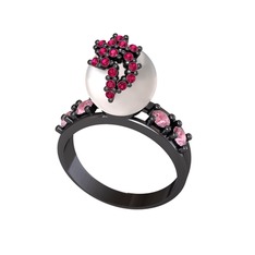 Afra İnci Yüzük - Inci, rodolit garnet ve pembe kuvars 925 ayar siyah rodyum kaplama gümüş yüzük #1t9zqia