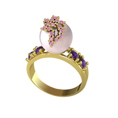 Afra İnci Yüzük - Pembe inci, pembe kuvars ve ametist 8 ayar altın yüzük #1tgu956