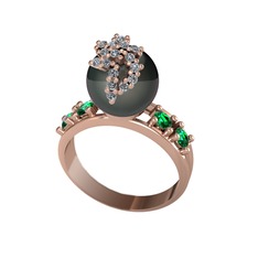 Afra İnci Yüzük - Siyah inci, beyaz zirkon ve yeşil kuvars 14 ayar rose altın yüzük #1tkkpwl