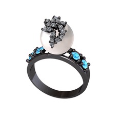 Afra İnci Yüzük - Inci, swarovski ve akuamarin 925 ayar siyah rodyum kaplama gümüş yüzük #1tmp6u5