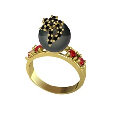 Afra İnci Yüzük - Siyah inci, siyah zirkon ve garnet 14 ayar altın yüzük #1u5cnj4