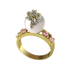 Inci, beyaz zirkon ve pembe kuvars 925 ayar altın kaplama gümüş yüzük
