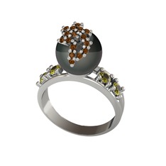 Afra İnci Yüzük - Siyah inci, dumanlı kuvars ve peridot 925 ayar gümüş yüzük #1uvkaxm