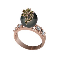 Siyah inci, peridot ve pırlanta 925 ayar rose altın kaplama gümüş yüzük (0.044 karat)