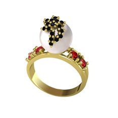 Afra İnci Yüzük - Inci, siyah zirkon ve garnet 18 ayar altın yüzük #1vb4led