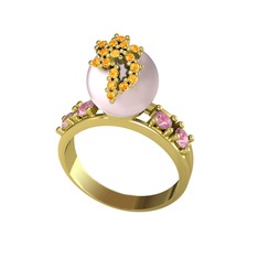 Afra İnci Yüzük - Pembe inci, sitrin ve pembe kuvars 14 ayar altın yüzük #1vb90ze