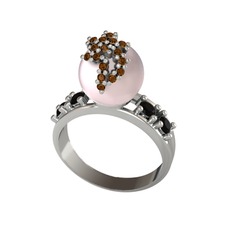 Afra İnci Yüzük - Pembe inci, dumanlı kuvars ve siyah zirkon 18 ayar beyaz altın yüzük #1vc01m7