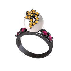 Afra İnci Yüzük - Inci, sitrin ve rodolit garnet 925 ayar siyah rodyum kaplama gümüş yüzük #1vgk6h4