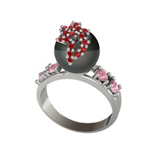 Afra İnci Yüzük - Siyah inci, garnet ve pembe kuvars 925 ayar gümüş yüzük #1vpz96b