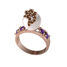 Afra İnci Yüzük - Inci, dumanlı kuvars ve ametist 18 ayar rose altın yüzük #1wb3i8x