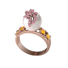 Inci, pembe kuvars ve sitrin 14 ayar rose altın yüzük