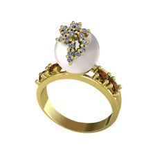 Inci, pırlanta ve dumanlı kuvars 14 ayar altın yüzük (0.176 karat)