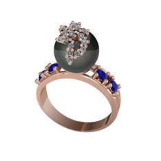 Siyah inci, pırlanta ve lab safir 8 ayar rose altın yüzük (0.176 karat)
