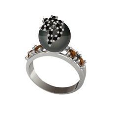 Afra İnci Yüzük - Siyah inci, siyah zirkon ve dumanlı kuvars 925 ayar gümüş yüzük #1xp1yu7