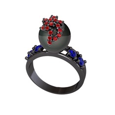 Siyah inci, garnet ve lab safir 925 ayar siyah rodyum kaplama gümüş yüzük