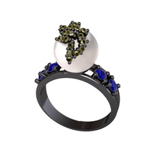 Afra İnci Yüzük - Inci, peridot ve lab safir 925 ayar siyah rodyum kaplama gümüş yüzük #1y181zm