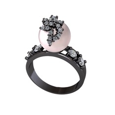 Afra İnci Yüzük - Pembe inci ve pırlanta 925 ayar siyah rodyum kaplama gümüş yüzük (0.22 karat) #1yi3d63