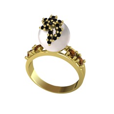 Afra İnci Yüzük - Inci, siyah zirkon ve dumanlı kuvars 14 ayar altın yüzük #1ypn6i3