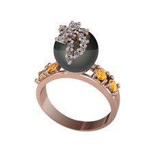 Siyah inci, swarovski ve sitrin 14 ayar rose altın yüzük