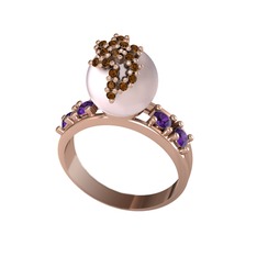 Afra İnci Yüzük - Pembe inci, dumanlı kuvars ve ametist 925 ayar rose altın kaplama gümüş yüzük #1zatoh