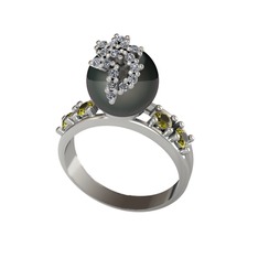 Siyah inci, swarovski ve peridot 14 ayar beyaz altın yüzük