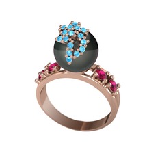 Siyah inci, akuamarin ve rodolit garnet 8 ayar rose altın yüzük