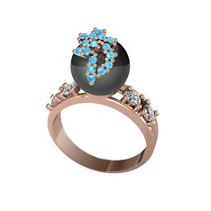 Afra İnci Yüzük - Siyah inci, akuamarin ve beyaz zirkon 925 ayar rose altın kaplama gümüş yüzük #31trxi