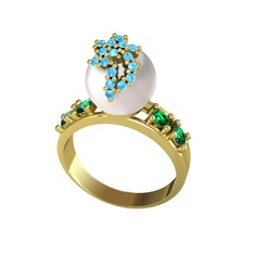 Afra İnci Yüzük - Inci, akuamarin ve yeşil kuvars 14 ayar altın yüzük #321iaa