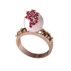 Pembe inci, rodolit garnet ve dumanlı kuvars 14 ayar rose altın yüzük