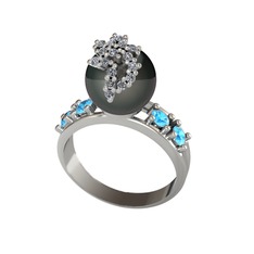 Afra İnci Yüzük - Siyah inci, swarovski ve akuamarin 8 ayar beyaz altın yüzük #4cgk9