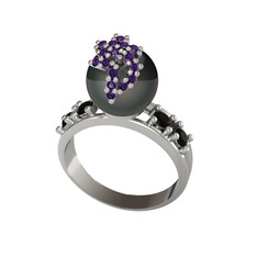 Afra İnci Yüzük - Siyah inci, ametist ve siyah zirkon 18 ayar beyaz altın yüzük #4dsnj3
