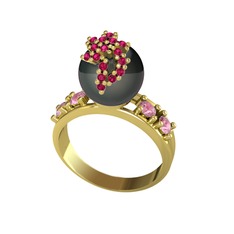 Afra İnci Yüzük - Siyah inci, rodolit garnet ve pembe kuvars 14 ayar altın yüzük #4jrgcl