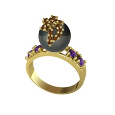 Afra İnci Yüzük - Siyah inci, dumanlı kuvars ve ametist 18 ayar altın yüzük #5khtlj
