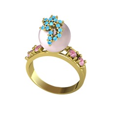 Afra İnci Yüzük - Pembe inci, akuamarin ve pembe kuvars 8 ayar altın yüzük #5z6e2u
