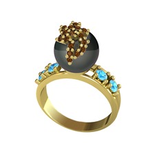 Afra İnci Yüzük - Siyah inci, dumanlı kuvars ve akuamarin 14 ayar altın yüzük #64rstz