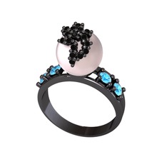 Afra İnci Yüzük - Pembe inci, siyah zirkon ve akuamarin 925 ayar siyah rodyum kaplama gümüş yüzük #678yem