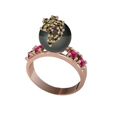 Afra İnci Yüzük - Siyah inci, peridot ve rodolit garnet 18 ayar rose altın yüzük #6bg1rw