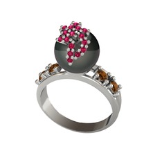 Siyah inci, rodolit garnet ve dumanlı kuvars 8 ayar beyaz altın yüzük