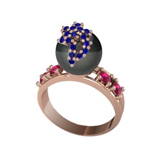Afra İnci Yüzük - Siyah inci, lab safir ve rodolit garnet 18 ayar rose altın yüzük #6i5529