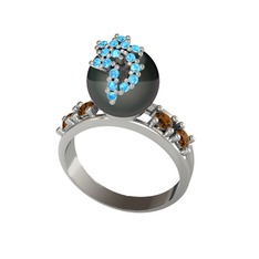 Afra İnci Yüzük - Siyah inci, akuamarin ve dumanlı kuvars 14 ayar beyaz altın yüzük #6lhjl5