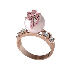 Afra İnci Yüzük - Pembe inci, pembe kuvars ve swarovski 14 ayar rose altın yüzük #6lj39c