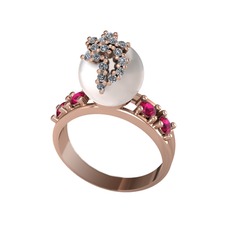Inci, beyaz zirkon ve rodolit garnet 14 ayar rose altın yüzük