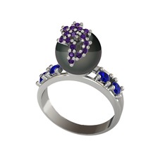 Siyah inci, ametist ve lab safir 8 ayar beyaz altın yüzük