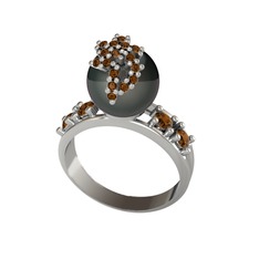 Siyah inci ve dumanlı kuvars 8 ayar beyaz altın yüzük