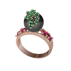 Afra İnci Yüzük - Siyah inci, yeşil kuvars ve rodolit garnet 8 ayar rose altın yüzük #7gtvtw