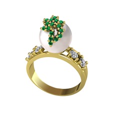 Afra İnci Yüzük - Inci, yeşil kuvars ve pırlanta 925 ayar altın kaplama gümüş yüzük (0.044 karat) #7v6a8z