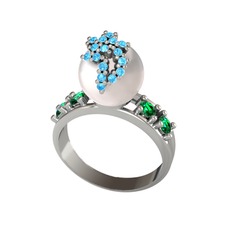 Afra İnci Yüzük - Inci, akuamarin ve yeşil kuvars 8 ayar beyaz altın yüzük #7zdbc1