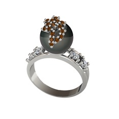 Afra İnci Yüzük - Siyah inci, dumanlı kuvars ve swarovski 18 ayar beyaz altın yüzük #8no0z4