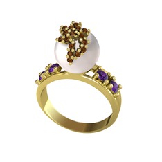 Afra İnci Yüzük - Inci, dumanlı kuvars ve ametist 18 ayar altın yüzük #8omot0