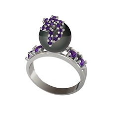 Afra İnci Yüzük - Siyah inci ve ametist 14 ayar beyaz altın yüzük #9e7hg0